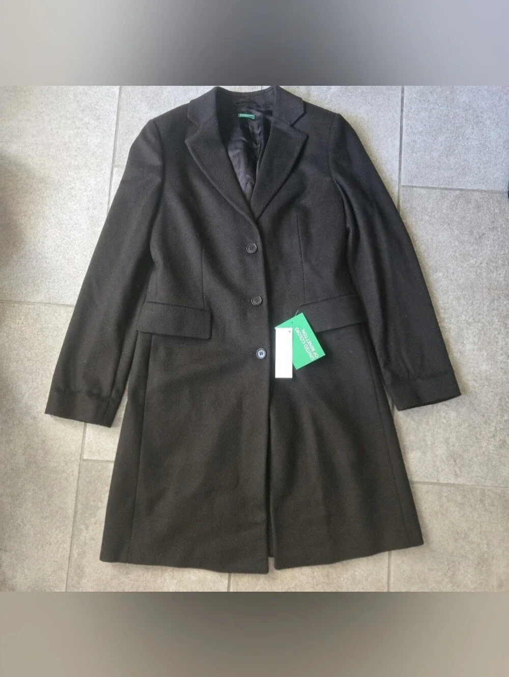 Benetton Black Tailored Wool Blend Overcoat Coat 40 US 4 6 NWT